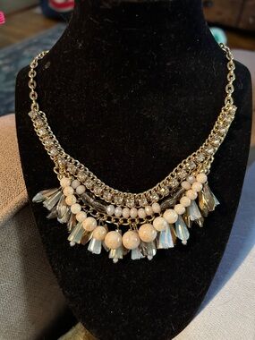 LOFT Gold-Tone Necklace with Cream Beads and Iridescent Pendants
